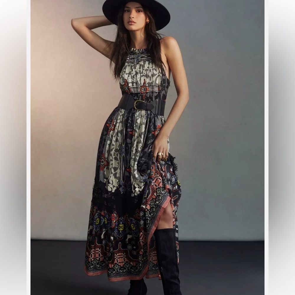 Anthropologie Bhanuni By Jyoti Black And Red Patterned Maxi Dress Sz 8
